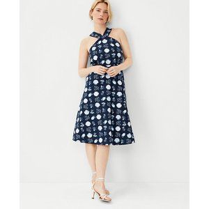 NEW Ann Taylor Shell Tile Halter Flare Dress Cotton Linen Blend Navy Women's 2